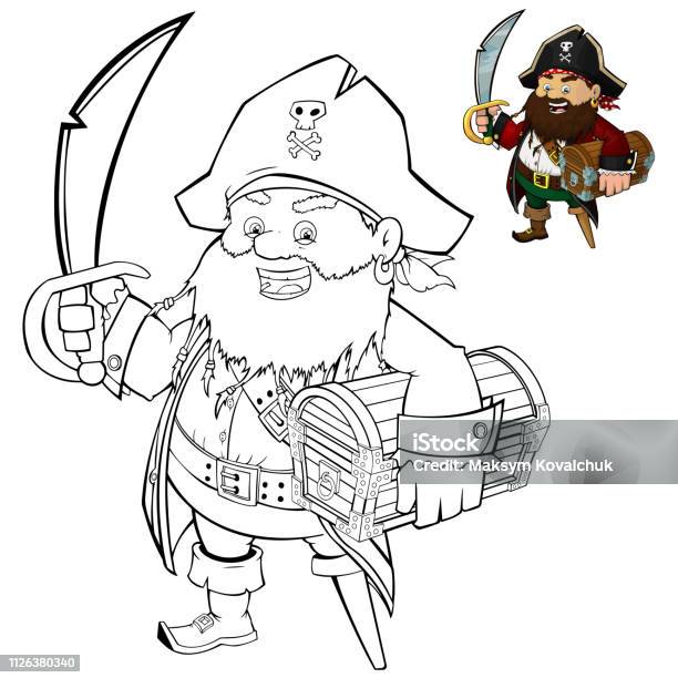 Coloring Page Of Cartoon Pirate With Treasure Coloring Book Design For Kids Stock Illustration - Download Image Now