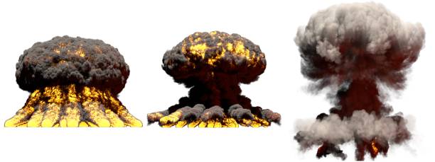 istock 3D illustration of explosion - 3 big different phases fire mushroom cloud explosion of atom bomb with smoke and flame isolated on white 1126382812
