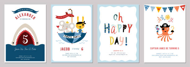 ilustrações de stock, clip art, desenhos animados e ícones de universal children birthday cards_04 - beach nautical vessel party clothing