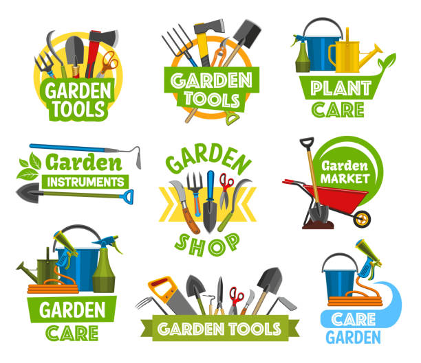 gartenarbeit ladenausstattung, gartenarbeit symbole - gardening equipment trowel gardening fork isolated stock-grafiken, -clipart, -cartoons und -symbole