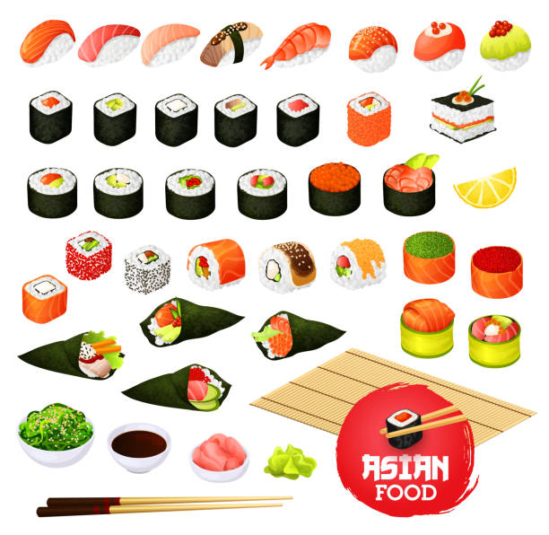 illustrazioni stock, clip art, cartoni animati e icone di tendenza di sushi e panini, gunkan, temaki e inari, ikura - sushi