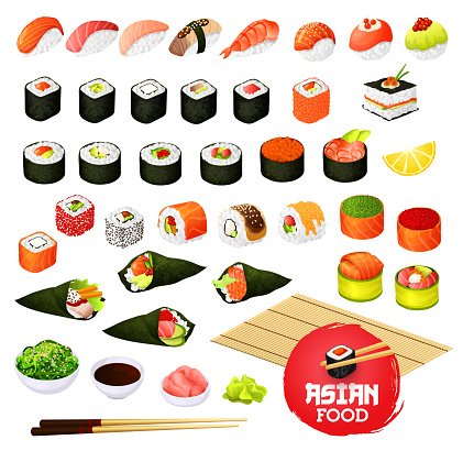 Sushi and rolls types, Japanese cuisine cooking. Vector temaki and sashimi, ikura and kappa or syaki with tekka maki, kappamaki and uramaki. Gunkan and inari sushi with shrimp, salmon or eel nagiri