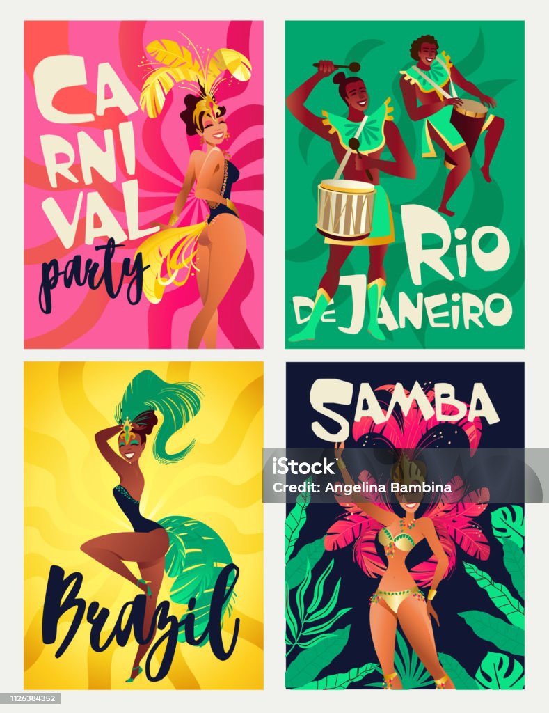 Carteles de la samba brasileña. Baile Carnaval de Río de Janeiro bailarines usando un traje de fiesta. Ilustración de vector. - arte vectorial de Carnaval - Evento de celebración libre de derechos