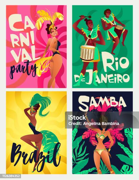 Ilustración de Carteles De La Samba Brasileña Baile Carnaval De Río De Janeiro Bailarines Usando Un Traje De Fiesta Ilustración De Vector y más Vectores Libres de Derechos de Carnaval - Evento de celebración