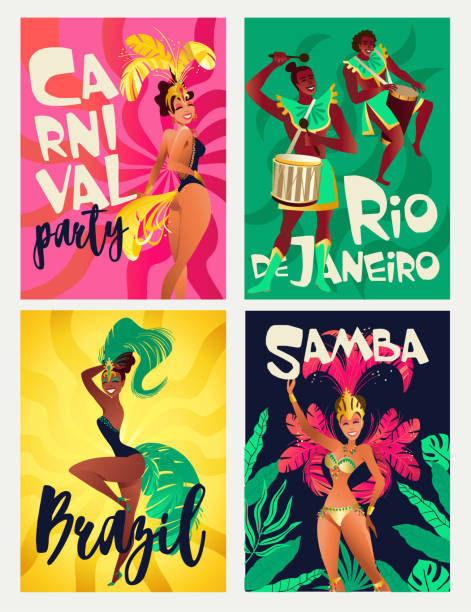 Brazilian samba posters. Carnival in Rio de Janeiro dancers wearing a festival costume is dancing. Vector illustration. Brazilian samba posters. Carnival in Rio de Janeiro dancers wearing a festival costume is dancing. Vector illustration. tropical music stock illustrations