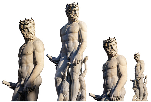 Statue of Neptune, Roman God, fountain (Bartolomeo Ammannati 1560-1565) in Florence, Italy, Europe. Isolated on white background