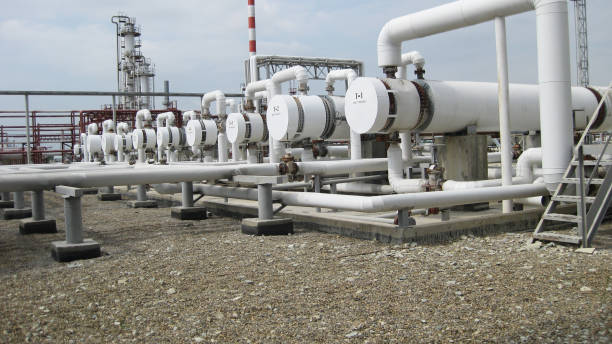istock Heat exchangers at oil refinery. 1126387185