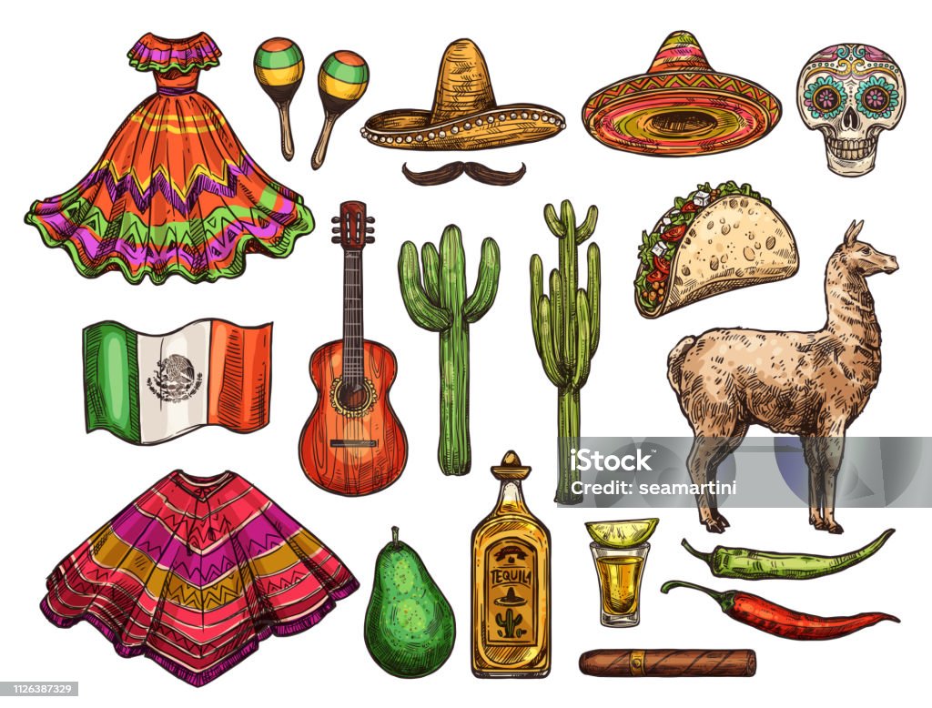 Ilustración de Símbolos De Dibujo De Cultura Mexicana De Cinco De Mayo y  más Vectores Libres de Derechos de Puro - iStock