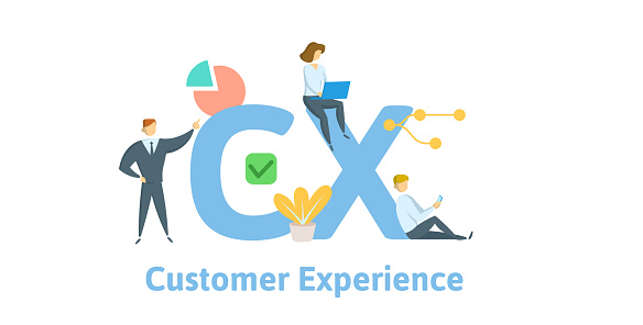 CX, Customer experience. Concept with keywords, letters and icons. Colored flat vector illustration. Isolated on white background.