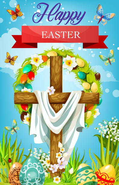 Easter cross with eggs, lily flowers and shroud Easter cross with shroud, floral wreath of eggs and spring flowers vector greeting card. Christian religion wooden crucifix with painted eggs, green grass and daffodil, crocus, lily and butterflies pics of a cross easter lilies stock illustrations