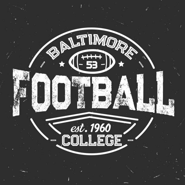 American football retro icon of students league Football team retro shabby icon of baltimore college. Sport club with leather oval ball white outline. Sporting vintage monochrome stamp with item for game, students league vector isolated sign university clipart stock illustrations