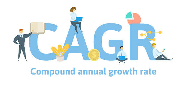 CAGR, Compound Annual Growth Rate. Concept with keywords, letters and icons. Colored flat vector illustration. Isolated on white background.