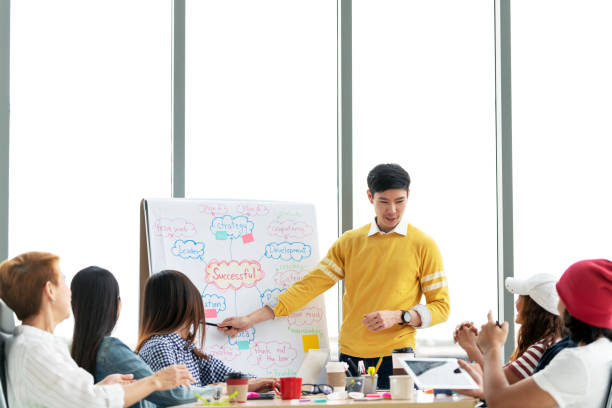 istock Young asian creative businessman standing and making presentation at modern office happy talking and brainstorming with team by pointing ideas on flipchart. Casual people business meeting concept. 1126390953