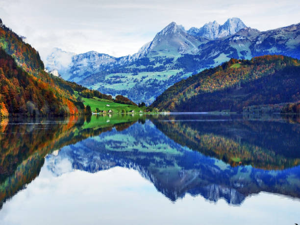 istock Alpine lake Klontalersee in Klontal valley and mountain range Glarus Alps 1126399488