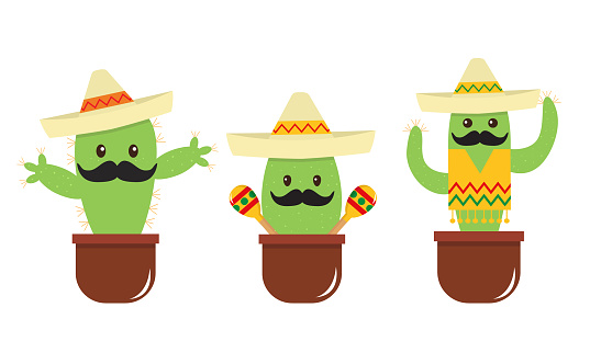 Mexican cute cartoon cactus with a mustache and sombrero. Flat style, bright colors. Funny face.