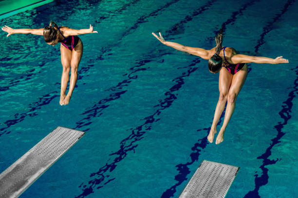 High Angle View Of Athletes Diving Into Swimming Pool  diving sport stock pictures, royalty-free photos & images