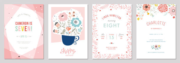 Universal Children Birthday Cards_05 Birthday floral card set. Vector illustration. pink flower frame stock illustrations
