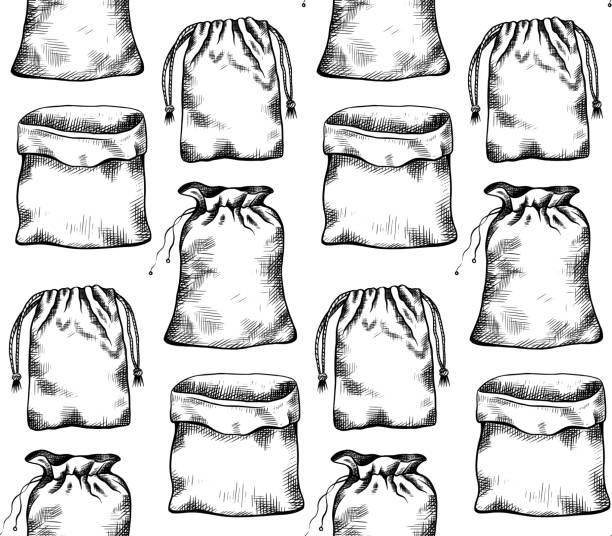 nahtloses muster mit schwarz-weißen abbildungen von handgezeichneten leinentaschen in reihe. vektorstruktur - old backgrounds burlap canvas stock-grafiken, -clipart, -cartoons und -symbole