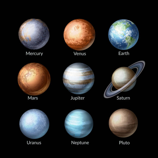 illustrazioni stock, clip art, cartoni animati e icone di tendenza di illustrazione vettoriale di pianeti di raccolta realistici del sistema solare. background astronomico - sistema solare