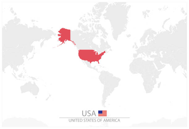 World Map with identification of USA World Map with identification of USA. Map of USA. America Centered World Map in a grayscale color. in the center stock illustrations