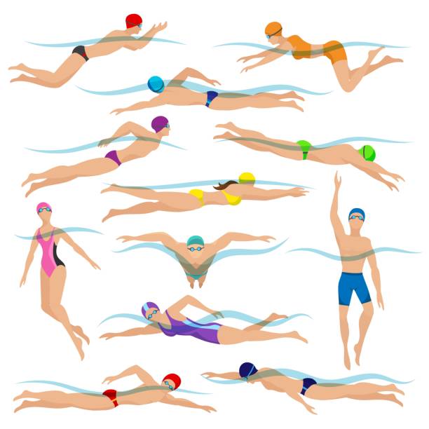 schwimmen menschen in aktion posen - swimming goggles stock-grafiken, -clipart, -cartoons und -symbole