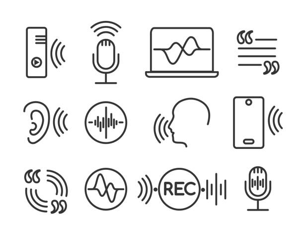 Voice recognition icons Voice recognition icons. Telephone conversation linear symbols, speech and hearing command pictograms. Sound technology vector signs microphone patterns stock illustrations