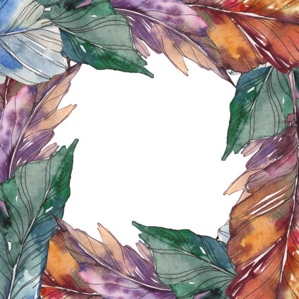 istock Bird feather from wing isolated. Watercolor background illustration set. Frame border ornament square. 1126409986
