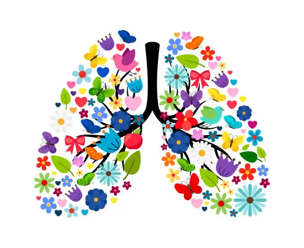 Vector illustration of Butterflies and spring flowers in shape of human lungs