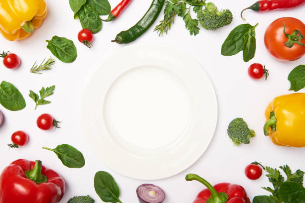 istock Flat lay with plate and natural vegetables on white background 1126412540