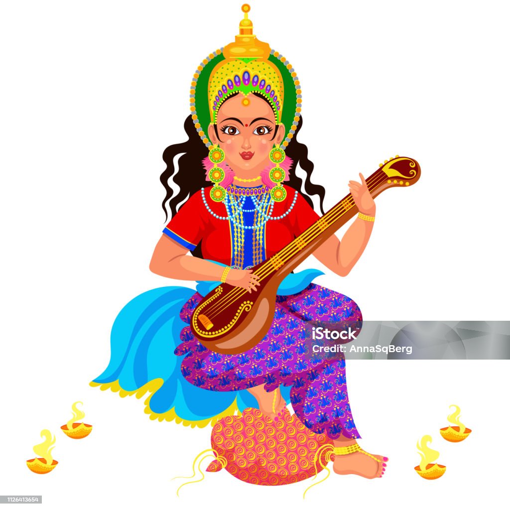 Diwali holiday goddess Saraswati with veena Diwali holiday and Saraswati with veena musical instrument. Hindu goddess of knowledge music art wisdom or learning. Lakshmi Puja day of Indian religious festival celebration vector illustration Dhanteras stock vector