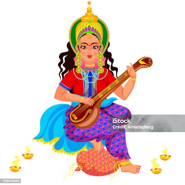 Diwali Holiday Goddess Saraswati With Veena Stock Illustration - Download Image Now - Dhanteras, Calendar, Celebration