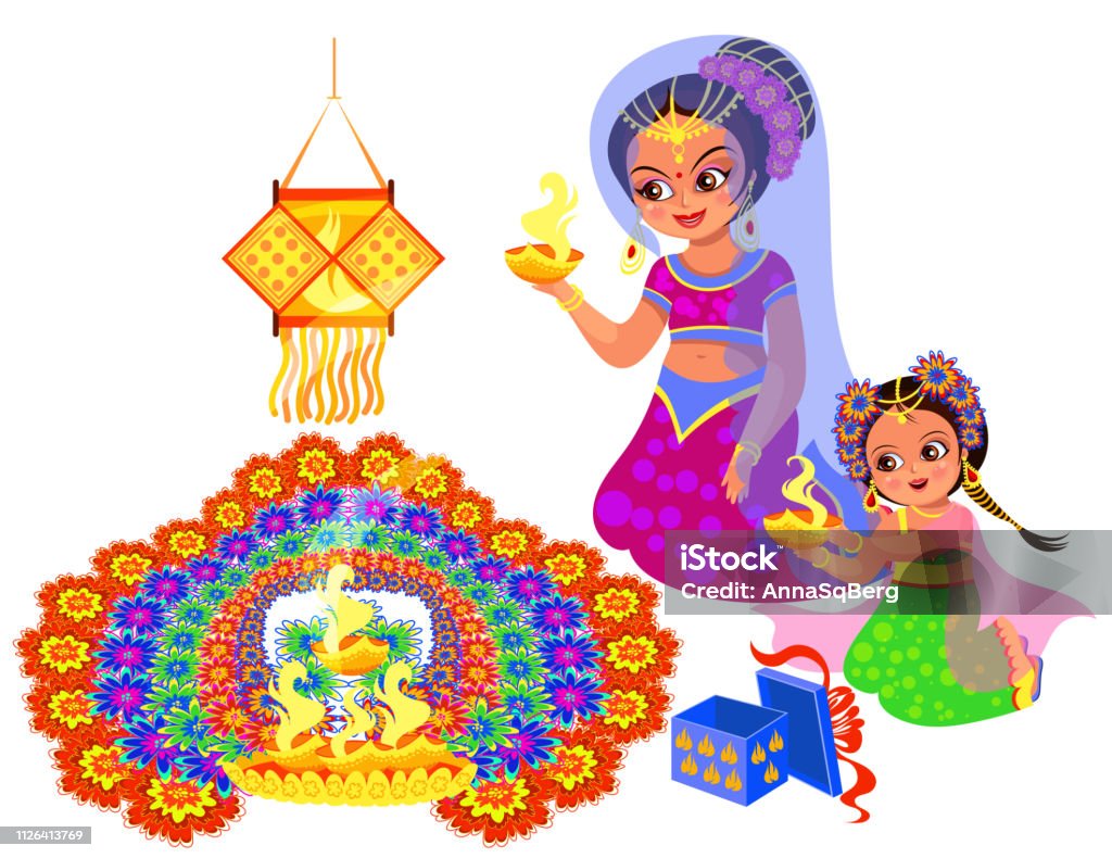 Diwali Indian Holiday And Mother With Daughter Stock Illustration -  Download Image Now - Child, Rangoli, Adult - iStock