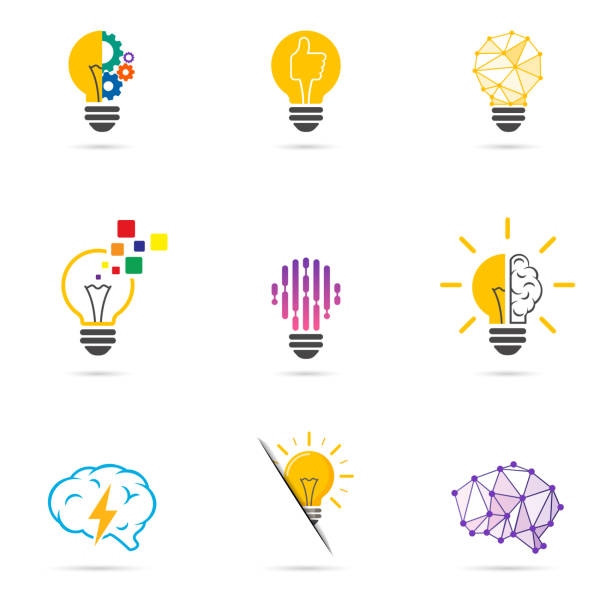 ilustraciones, imágenes clip art, dibujos animados e iconos de stock de fijar insignia del foco de luz. símbolo de energía y la idea, los iconos de la tecnología. - innovation
