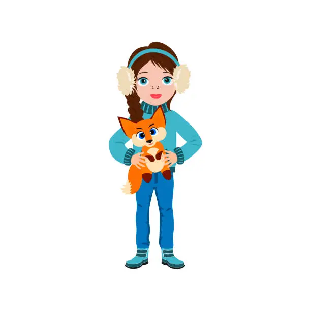 Vector illustration of Cute young girl with little funny fox.