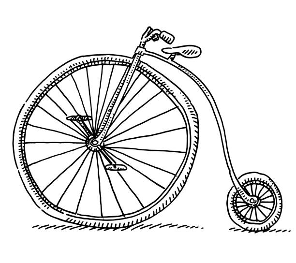 Antique Bicycle Drawing Hand-drawn vector drawing of an Antique Bicycle. Black-and-White sketch on a transparent background (.eps-file). Included files are EPS (v10) and Hi-Res JPG. penny farthing bicycle stock illustrations