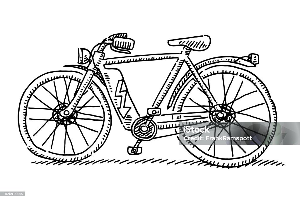 E-Bike Side View Drawing Hand-drawn vector drawing of an E-Bike, Side View. Black-and-White sketch on a transparent background (.eps-file). Included files are EPS (v10) and Hi-Res JPG. Drawing - Art Product stock vector