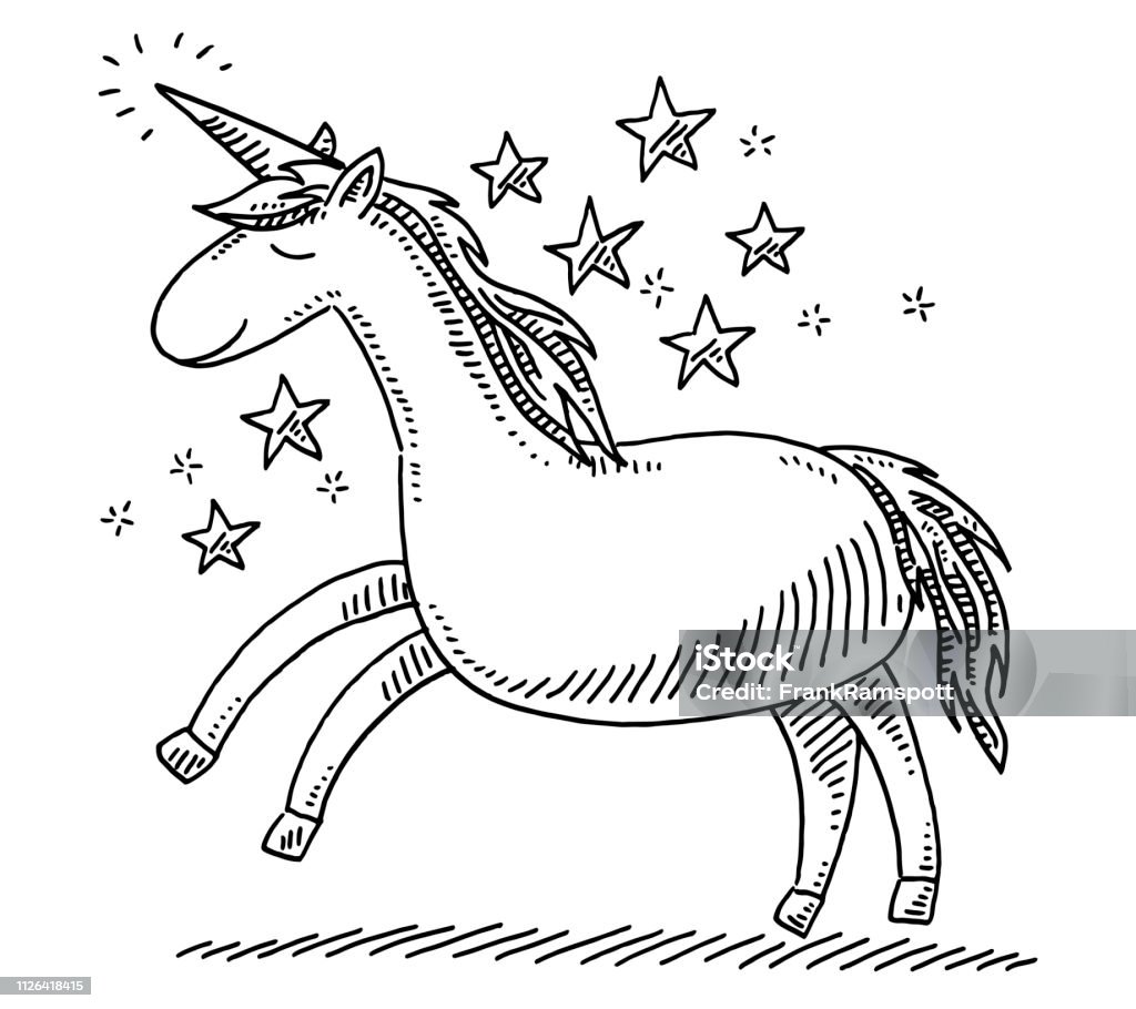 Unicorn Fantasy Animal Drawing Hand-drawn vector drawing of an Unicorn Fantasy Animal. Black-and-White sketch on a transparent background (.eps-file). Included files are EPS (v10) and Hi-Res JPG. Unicorn stock vector