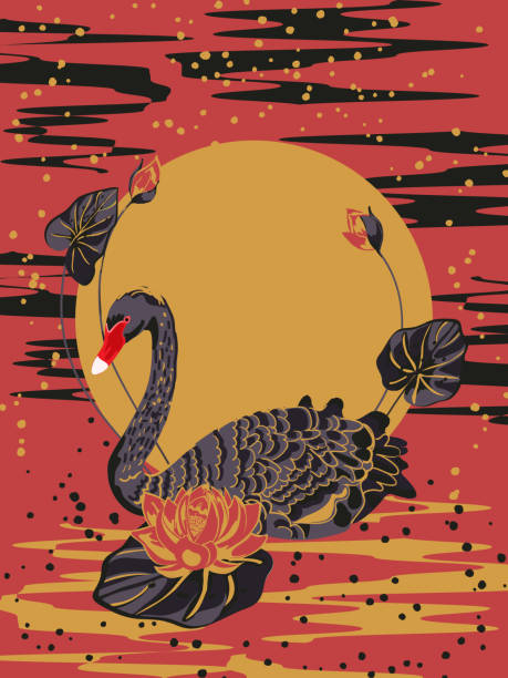 Black Swan, Chinese and Japanese lacquer miniatures Black Swan and lotus flowers against the sunrise, Chinese and Japanese lacquer miniatures. Vector illustration swan at dawn stock illustrations