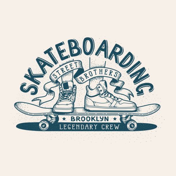 Skateboarding retro emblem Skateboarding retro emblem. Monochrome print design with feet in sneakers and skateboard. skateboard tattoo stock illustrations