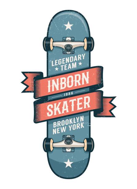 Authentic skateboarding logo in old school style Authentic skateboarding logo in old school style. Classic Skateboard with heraldic ribbon and inscriptions. Worn textures on separate layer. skateboard tattoo stock illustrations