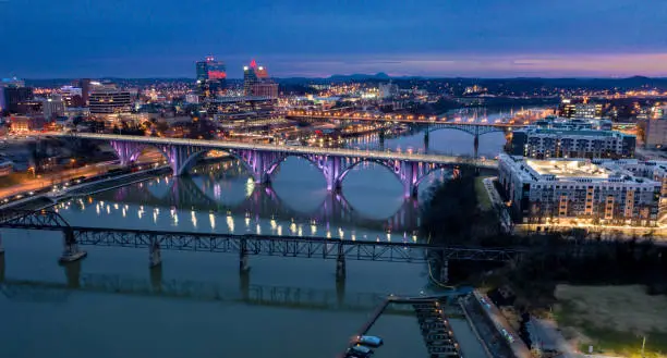 A pre-dawn shot of Downtown Knoxville over the Tennessee River.