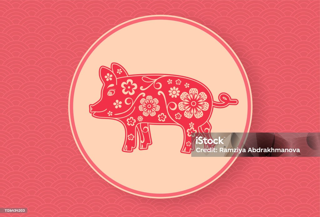 Chinese Pig 2019. Lunar New Year banner design template. Red wavy pattern. Zodiac sign. Abstract flower texture. Animal silhouette. Horoscope symbol. Coral color background 2019 stock vector