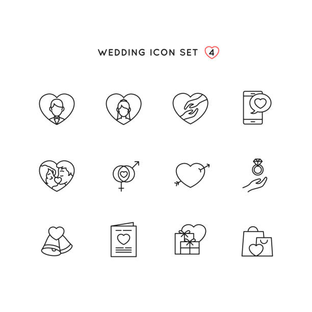 ilustraciones, imágenes clip art, dibujos animados e iconos de stock de conjunto de iconos de contorno de boda. objeto de la ilustración del matrimonio con colección de símbolo de amor. diseño de línea única perfecto para invitación digital, tarjeta, web y diseño de aplicaciones móviles. - heart shape stone red ecard