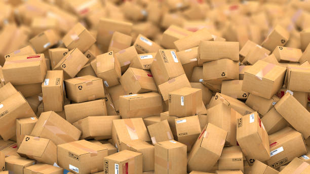 3d illustration of hundreds of cardboard parcels lying on a heap stock photo