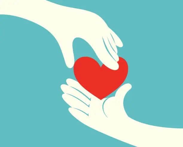 Vector illustration of Hand giving a red heart to another hand