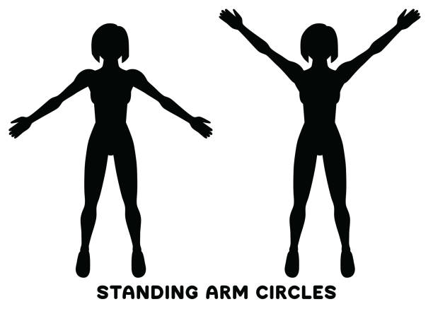 Standing arm circles. Sport exersice. Silhouettes of woman doing exercise. Workout, training. - ilustração de arte vetorial