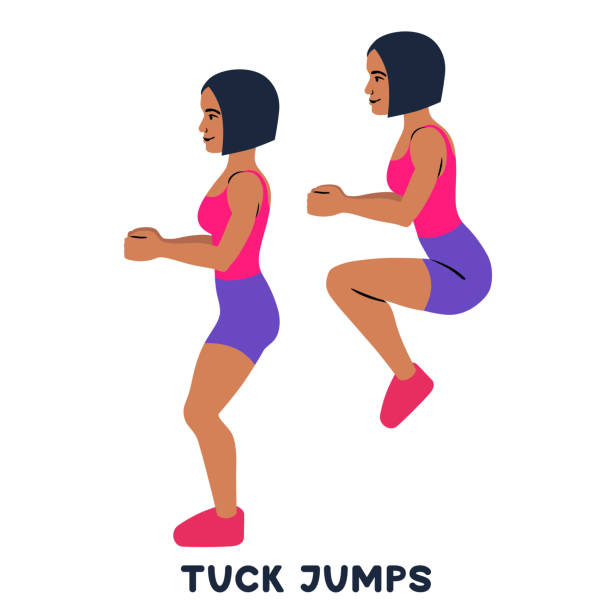 Tuck jumps. Sport exersice. Silhouettes of woman doing exercise. Workout, training. - ilustração de arte vetorial