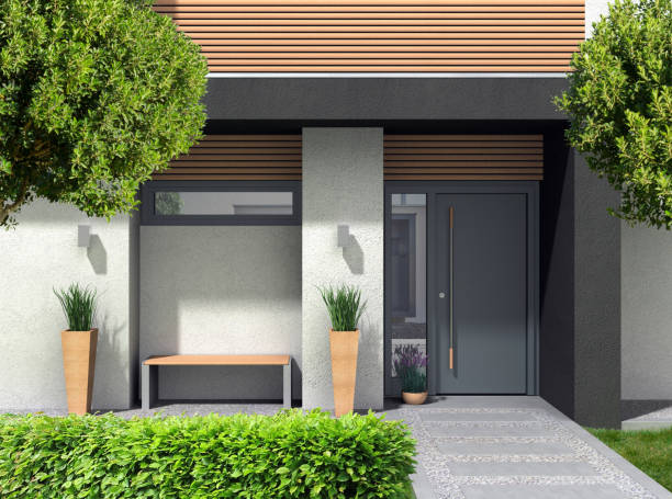 istock modern home entrance with door and front yard 1126441750