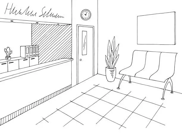 Vector illustration of Hospital reception graphic black white lobby interior sketch illustration vector