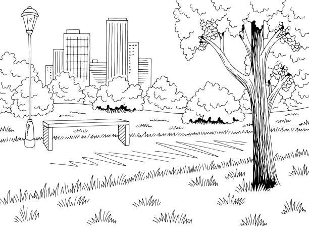 공원의 그래픽 블랙 화이트 벤치 램프 풍경 스케치 그림 벡터 - scenics pedestrian walkway footpath bench stock illustrations